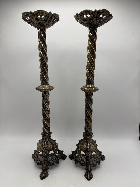 Antique Brass & Silver Plate Candlestick Holders 18” Tall /rw