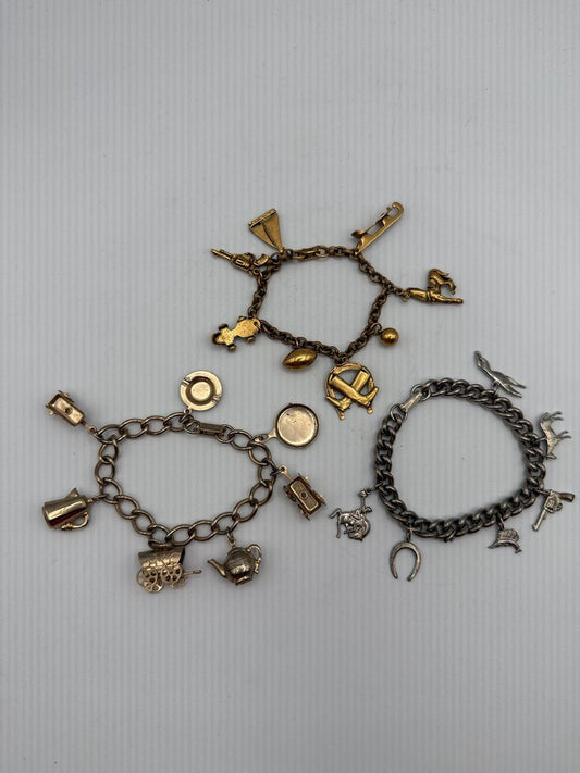 3 Vintage Costume Jewelry Charm Bracelet Western Theme /ro