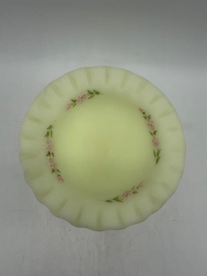 Fenton Custard Uranium Glass Pedestal Dish Ruffles Hand Painted Signed /ro
