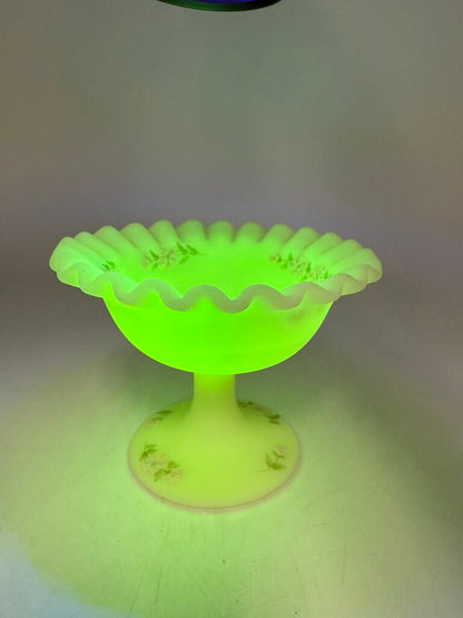 Fenton Custard Uranium Glass Pedestal Dish Ruffles Hand Painted Signed /ro