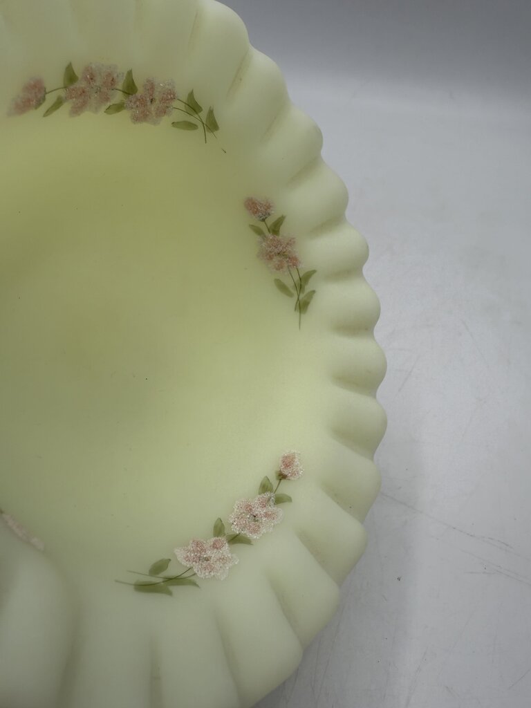 Fenton Custard Uranium Glass Pedestal Dish Ruffles Hand Painted Signed /ro