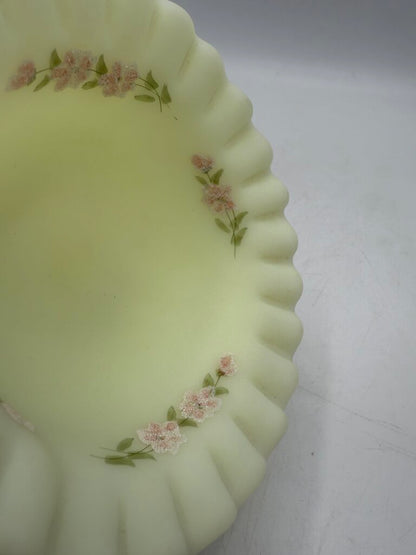 Fenton Custard Uranium Glass Pedestal Dish Ruffles Hand Painted Signed /ro