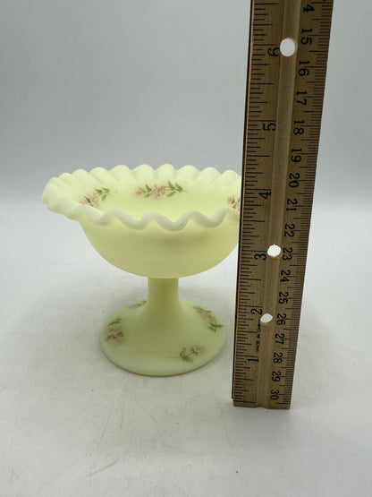 Fenton Custard Uranium Glass Pedestal Dish Ruffles Hand Painted Signed /ro