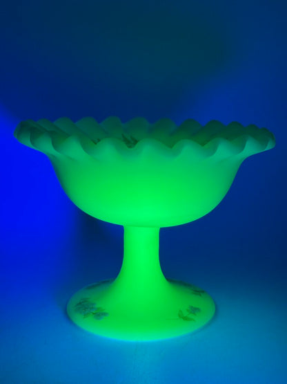 Fenton Custard Uranium Glass Pedestal Dish Ruffles Hand Painted Signed /ro