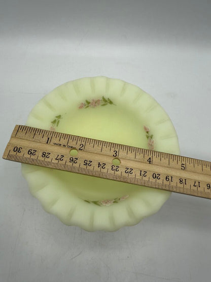 Fenton Custard Uranium Glass Pedestal Dish Ruffles Hand Painted Signed /ro