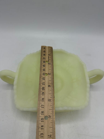Fenton Custard Butterfly Uranium Glass Double Handle Dish /ro