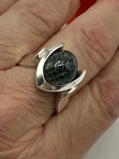 Sterling Silver Michigan Greenstone Cabochon Ring Size 9.25 /ro