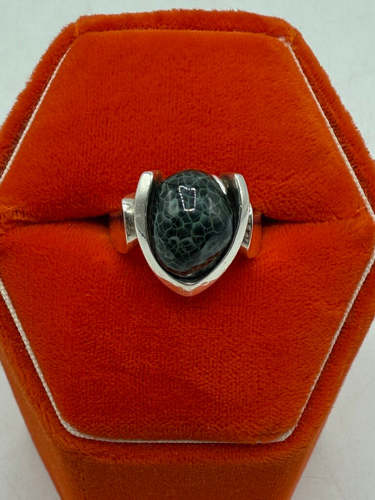 Sterling Silver Michigan Greenstone Cabochon Ring Size 9.25 /ro
