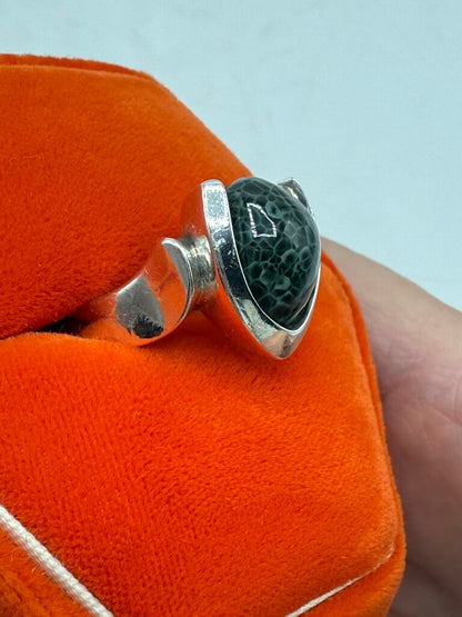 Sterling Silver Michigan Greenstone Cabochon Ring Size 9.25 /ro