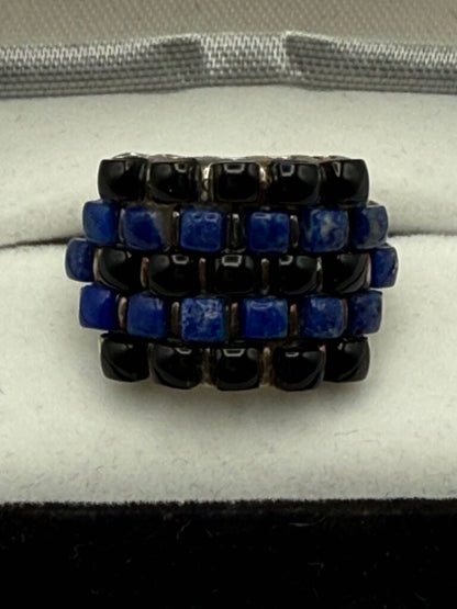 Black Onyx & Blue Lapis Stones Sterling Silver Ring Size 9 3/4 /ro