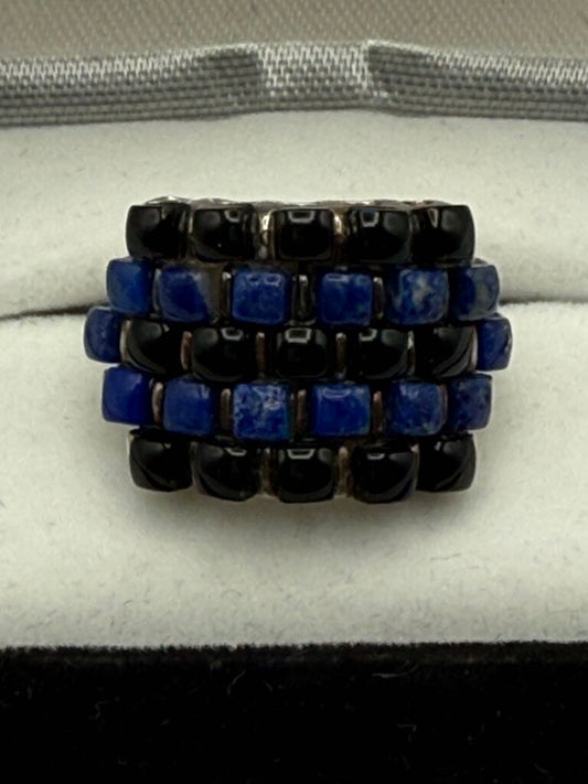 Black Onyx & Blue Lapis Stones Sterling Silver Ring Size 9 3/4 /ro