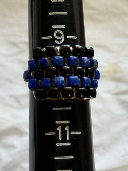 Black Onyx & Blue Lapis Stones Sterling Silver Ring Size 9 3/4 /ro
