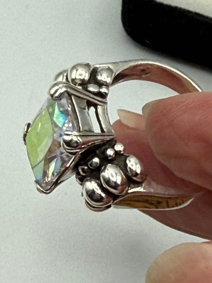 Stunning Emerald Cut Mystic Topaz Sterling Silver Ring Size 9.25 /ro