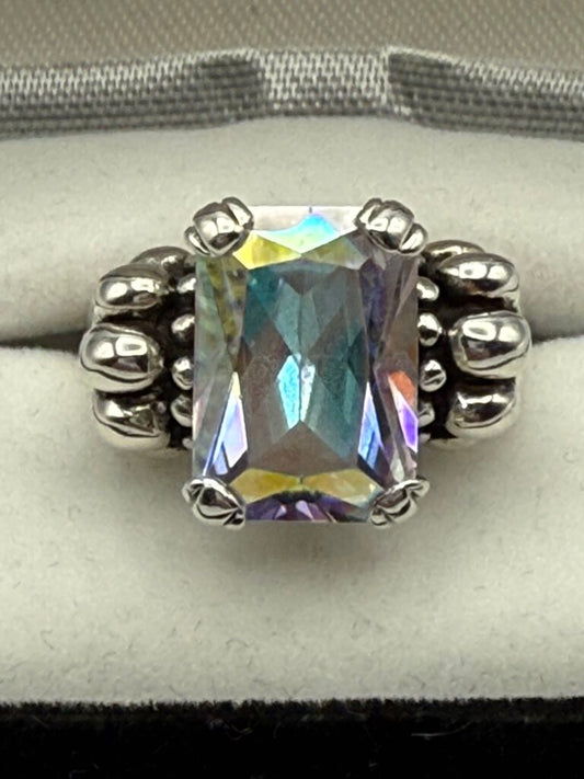 Stunning Emerald Cut Mystic Topaz Sterling Silver Ring Size 9.25 /ro