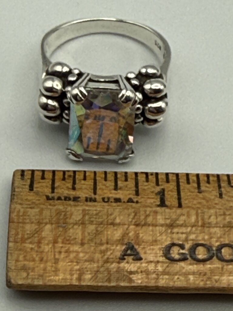Stunning Emerald Cut Mystic Topaz Sterling Silver Ring Size 9.25 /ro