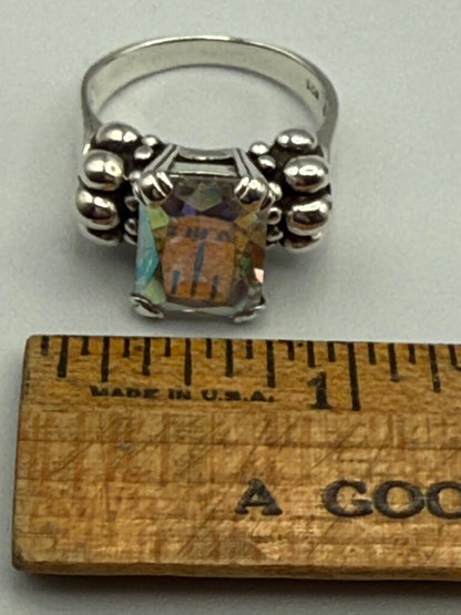 Stunning Emerald Cut Mystic Topaz Sterling Silver Ring Size 9.25 /ro
