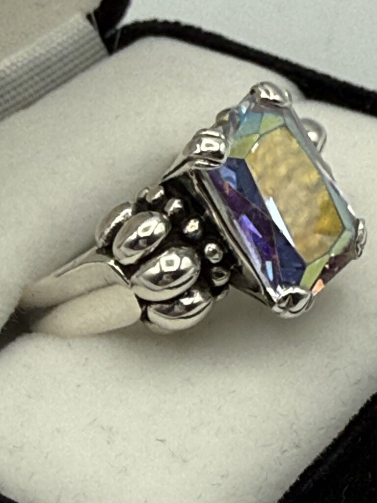 Stunning Emerald Cut Mystic Topaz Sterling Silver Ring Size 9.25 /ro