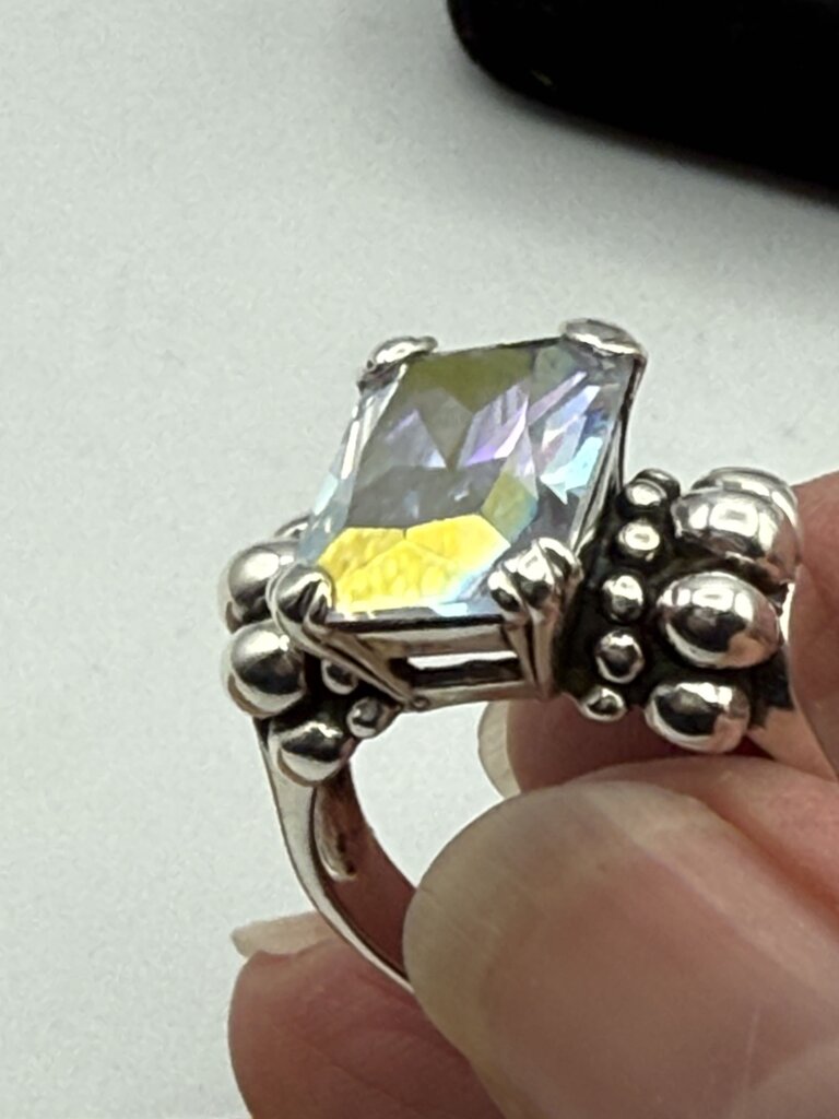 Stunning Emerald Cut Mystic Topaz Sterling Silver Ring Size 9.25 /ro