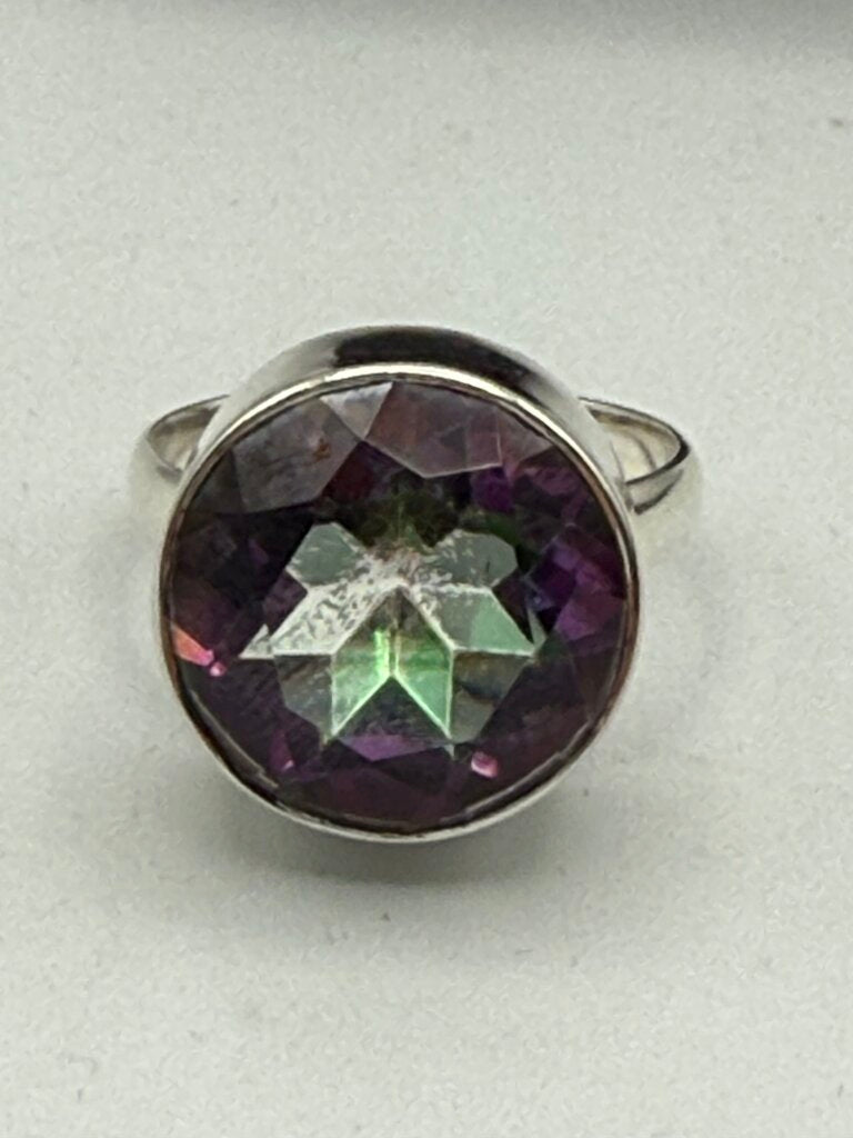 Contemporary Sterling Silver Ring Round Faceted Purple Gemstone/Crystal Size 8.75 /ro