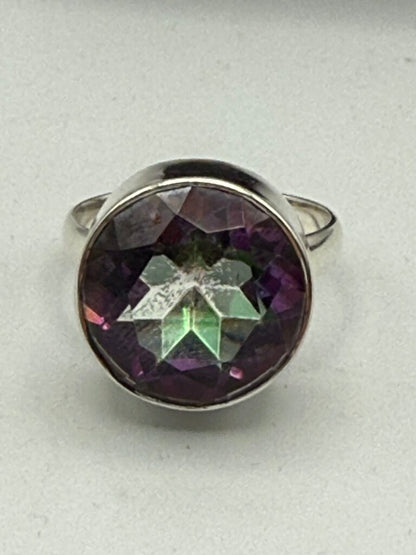 Contemporary Sterling Silver Ring Round Faceted Purple Gemstone/Crystal Size 8.75 /ro