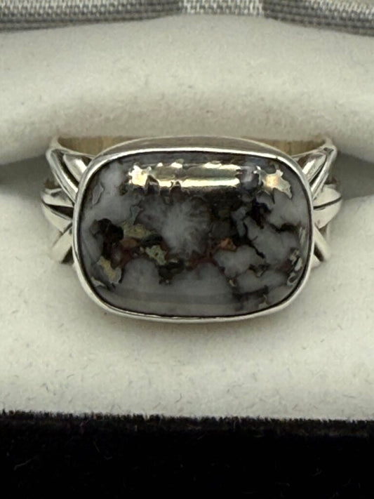 Sterling Silver Horizontal Mount Black & White Natural Stone Ring Size 10 /ro