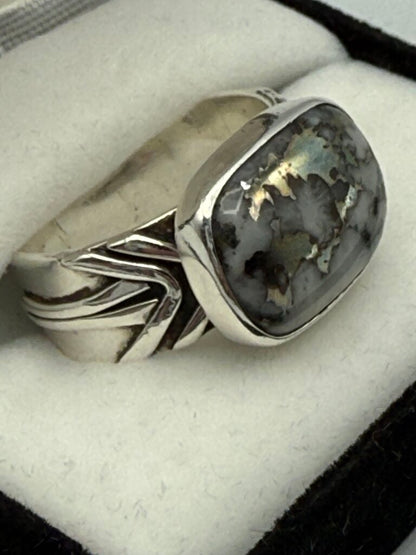 Sterling Silver Horizontal Mount Black & White Natural Stone Ring Size 10 /ro