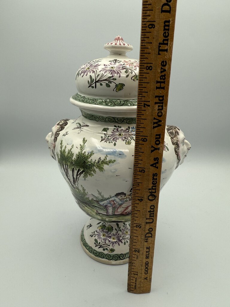 VTG Hand Painted Ceramic Urn w/Lid Victorian Theme 9” /ro