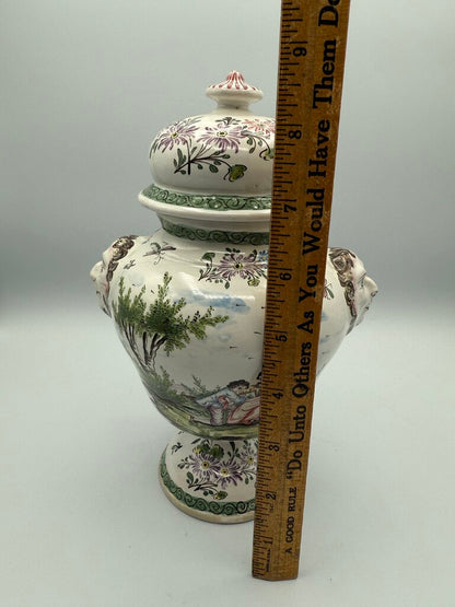 VTG Hand Painted Ceramic Urn w/Lid Victorian Theme 9” /ro