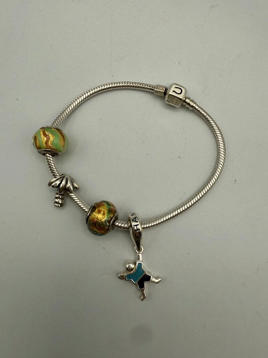 Chamilia Sterling Silver Snap Clasp Snake Chain Bracelet w/4 Charms /ro