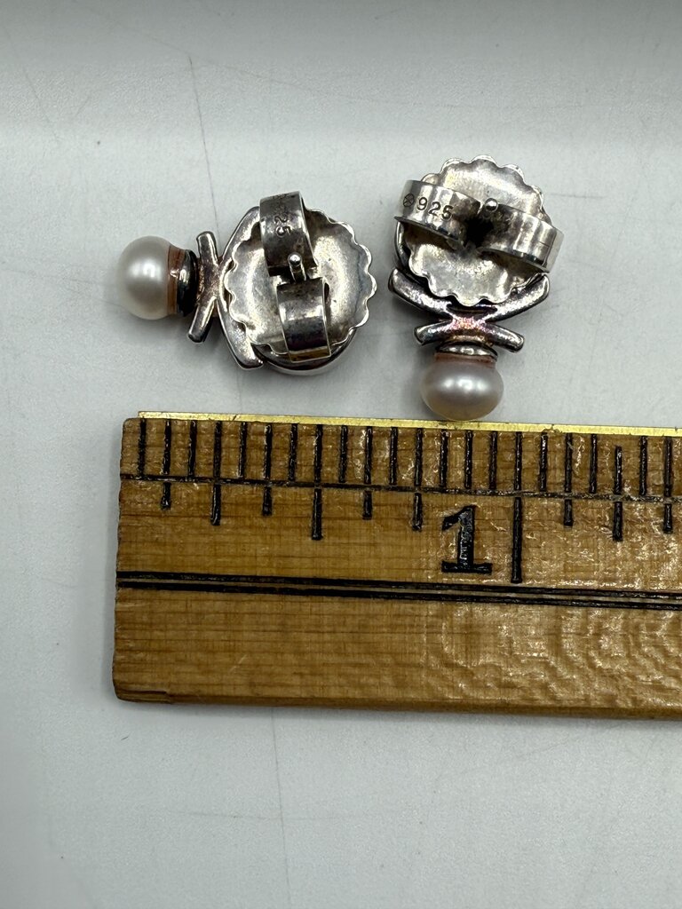 Two Pairs of Sterling Silver Pierced Earrings Rose Quartz & Hemitie Gemstones /ro