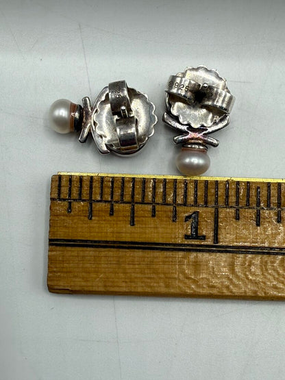 Two Pairs of Sterling Silver Pierced Earrings Rose Quartz & Hemitie Gemstones /ro