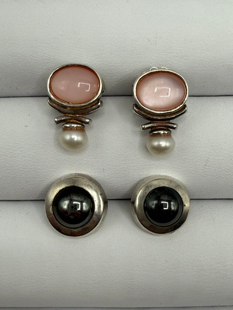 Two Pairs of Sterling Silver Pierced Earrings Rose Quartz & Hemitie Gemstones /ro