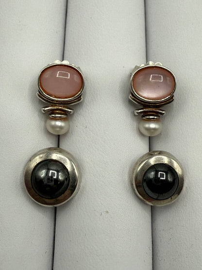 Two Pairs of Sterling Silver Pierced Earrings Rose Quartz & Hemitie Gemstones /ro