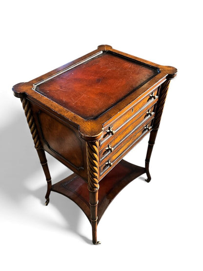 3 Drawer Leather & Burl Wood Side Table