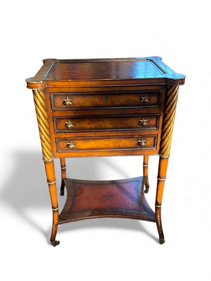 3 Drawer Leather & Burl Wood Side Table