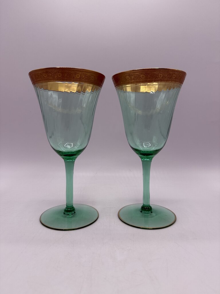 VTG Set of 2 Tiffen Green Uranium Glass Wine/Water Glass Gold Encrusted /rw