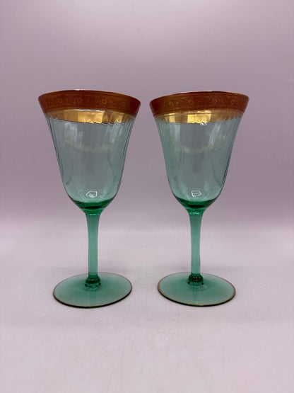 VTG Set of 2 Tiffen Green Uranium Glass Wine/Water Glass Gold Encrusted /rw