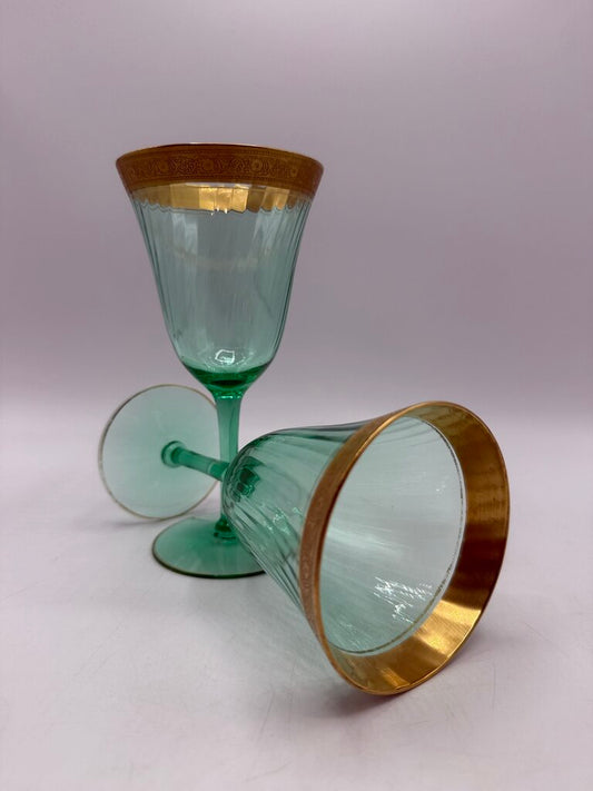 VTG Set of 2 Tiffen Green Uranium Glass Wine/Water Glass Gold Encrusted /rw