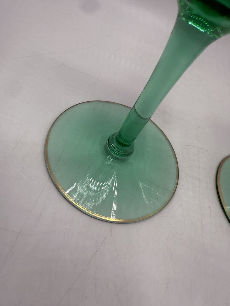 VTG Set of 2 Tiffen Green Uranium Glass Wine/Water Glass Gold Encrusted /rw
