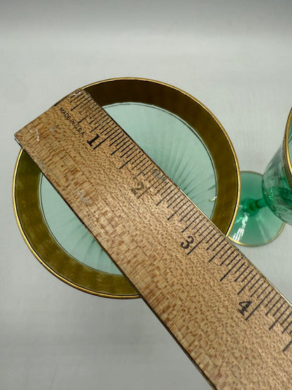 VTG Set of 2 Tiffen Green Uranium Glass Wine/Water Glass Gold Encrusted /rw