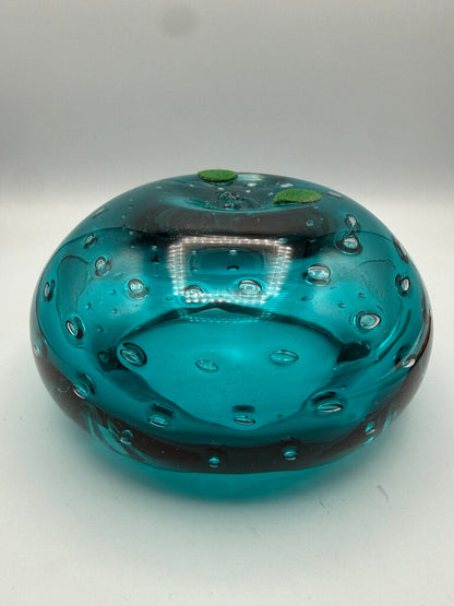 VTG Murano Art Glass Ashtray Teal Blue Bowl Controlled Bubbles /ro