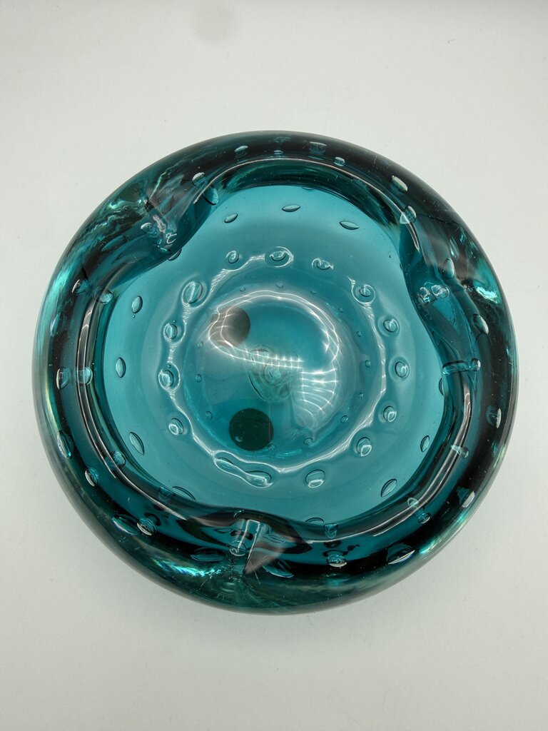 VTG Murano Art Glass Ashtray Teal Blue Bowl Controlled Bubbles /ro