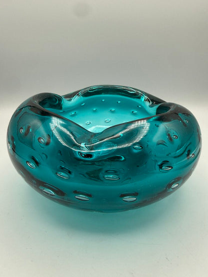 VTG Murano Art Glass Ashtray Teal Blue Bowl Controlled Bubbles /ro