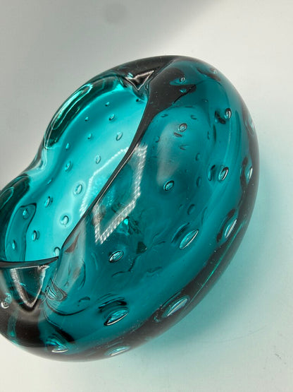 VTG Murano Art Glass Ashtray Teal Blue Bowl Controlled Bubbles /ro