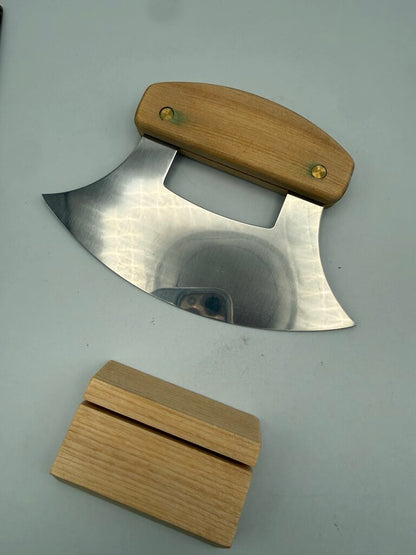 Handcrafted Alaska Ulu Knife & Curved Cutting Bowl Set - Wood & Stainless /roh
