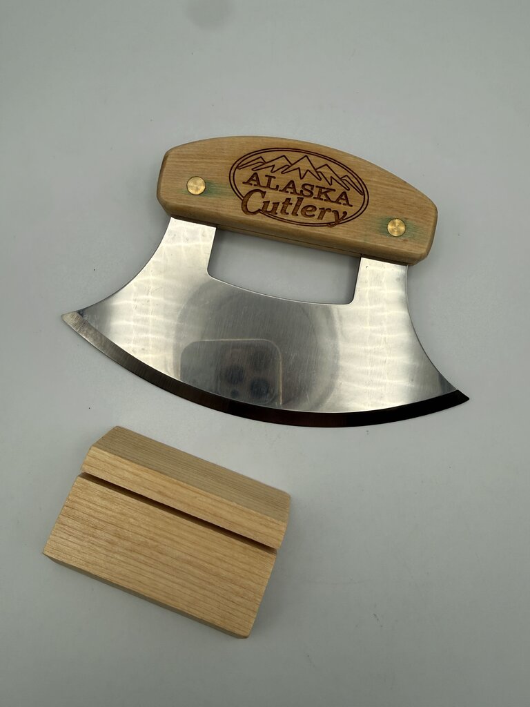 Handcrafted Alaska Ulu Knife & Curved Cutting Bowl Set - Wood & Stainless /roh