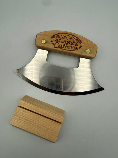 Handcrafted Alaska Ulu Knife & Curved Cutting Bowl Set - Wood & Stainless /roh