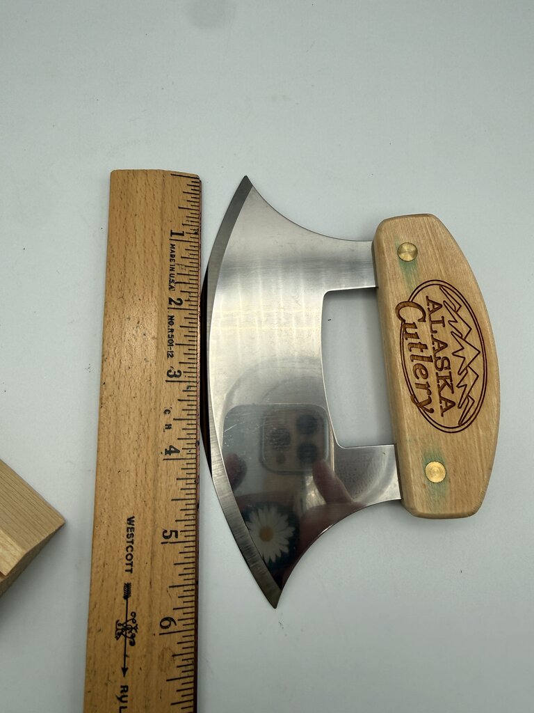 Handcrafted Alaska Ulu Knife & Curved Cutting Bowl Set - Wood & Stainless /roh