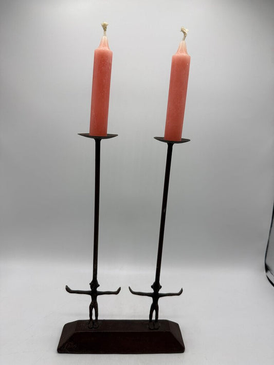 Twin Figure Hand Forge Wrought Iron Candle Holder 12.5” Tall /rw