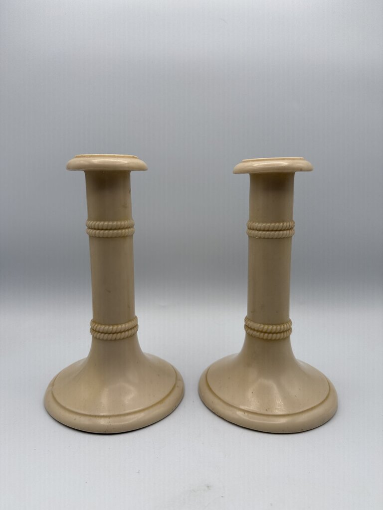 Antique set of 2 Celluloid Ivory Column Candlestick Holders 7” /ro